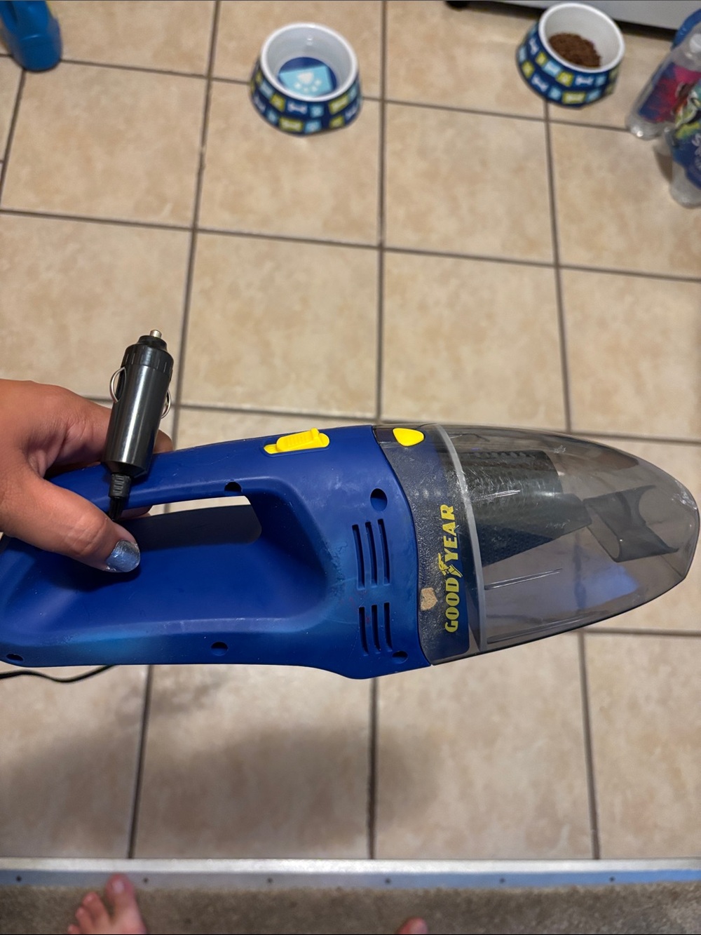 Blue Handheld Car Vacuum - Portable Pet Hair & Crumb Cleaner. Goodyear brand.
